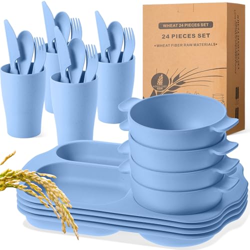24 Pcs Wheat Straw Dinnerware Cutlery Sets, Kids Toddlers Divided Plates Unbreakable Bowl Microwave Dishwasher Safe Tableware Cutlery Spoon Knife Fork Cup (Dark Blue)