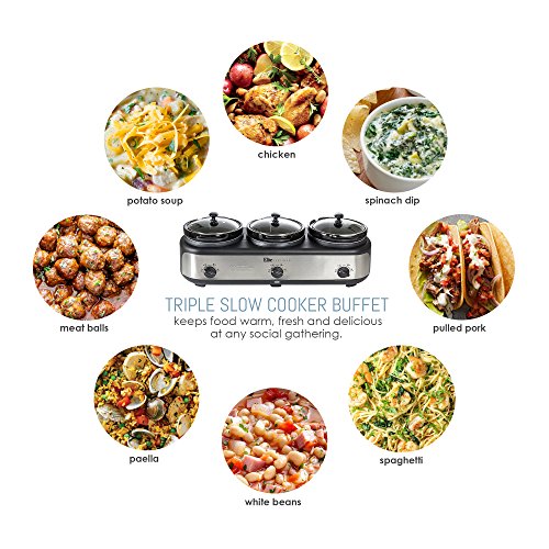 Elite Gourmet EWMST-325R Maxi-Matic Triple Slow Cooker Buffet Server Adjustable Temp Dishwasher-Safe Oval Ceramic Pots, Lid Rests, 3 x 2.5 Qt Capacity, Red