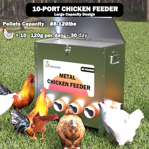 Metal Chicken Feeder Large Capacity 85lbs Automatic Metal Rat Proof Chicken Feeders No Waster Weatherproof Poultry Feeder for Chickens, Geese, Ducks, Turkeys, Quails (6-Port)
