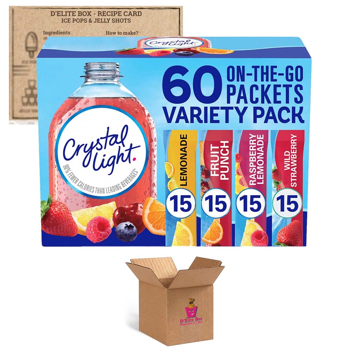 Crystal Light Sugar-Free, Lemonade, Fruit Punch, Raspberry Lemonade and Wild Strawberry On-The-Go Powdered Drink Singles Mix Variety Pack, 60 Count, Each Packet Dissolves into any 16.9 oz. container and comes with a Bonus Recipe Card curated by D'Eli