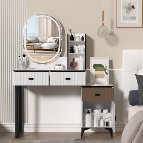 Makeup Desk with Mirror and Lights, Large Vanity Desk with Storage Shelves & 3 Drawers, Modern Makeup Vanity Table Set, Dressing Table for Bedroom White US Plug