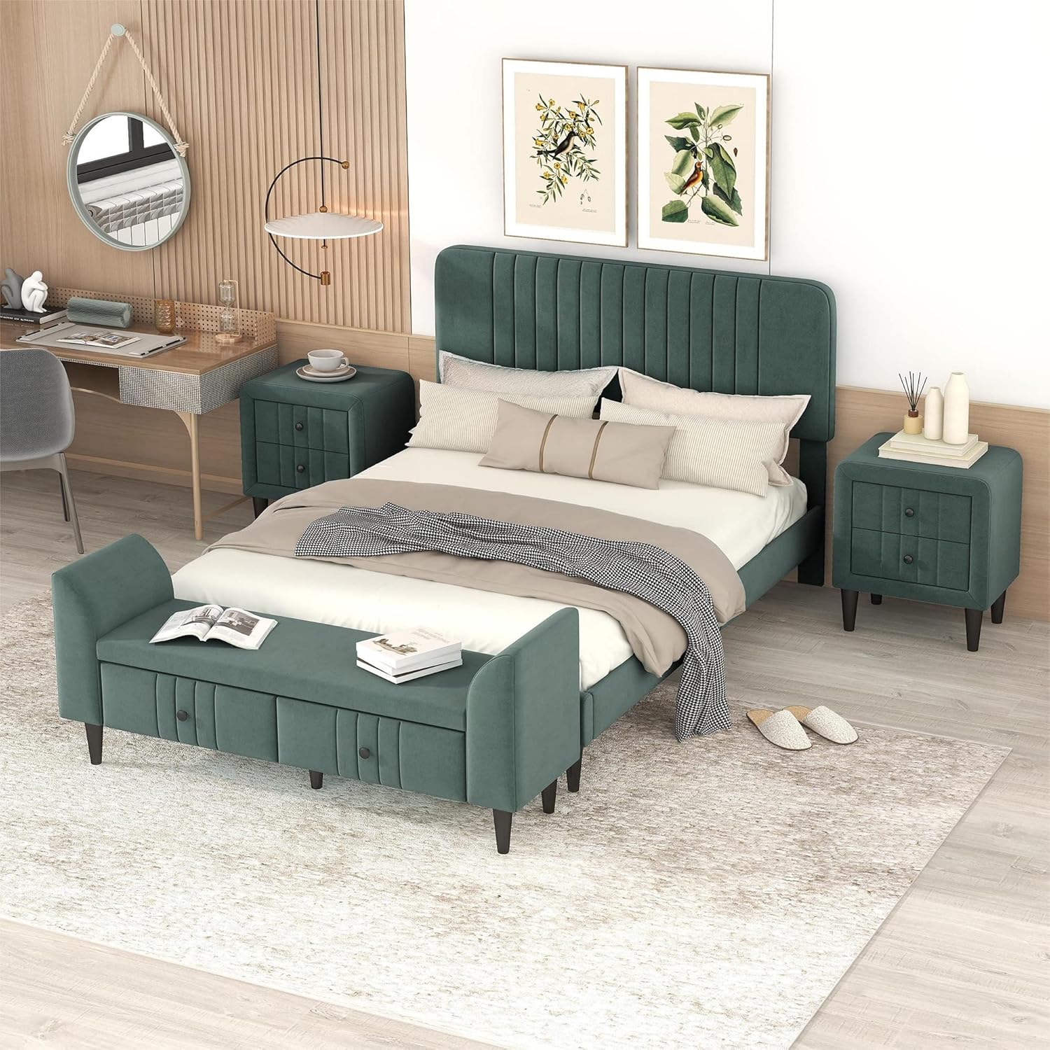 Merax Luxury Upholstered Velvet Bed Set- Full Bed, Bed Storge Bench and 2 Nightstands/Platform Bed Frame with Headboard/Easy Assembly, Green