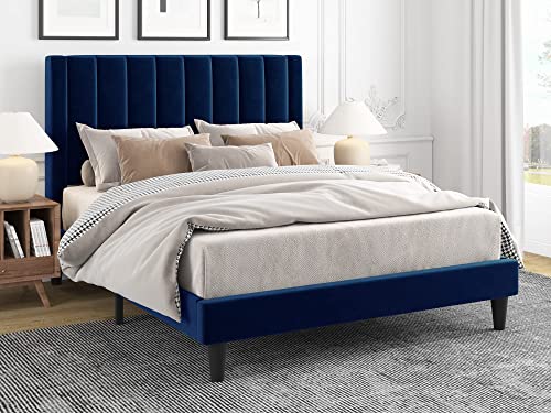 IMUsee Full Velvet Upholstered Platform Bed Frame with Vertical Channel Tufted Headboard, Strong Wooden Slats, Box Spring Optional, Mattress Foundation, Easy Assembly, Light Pink