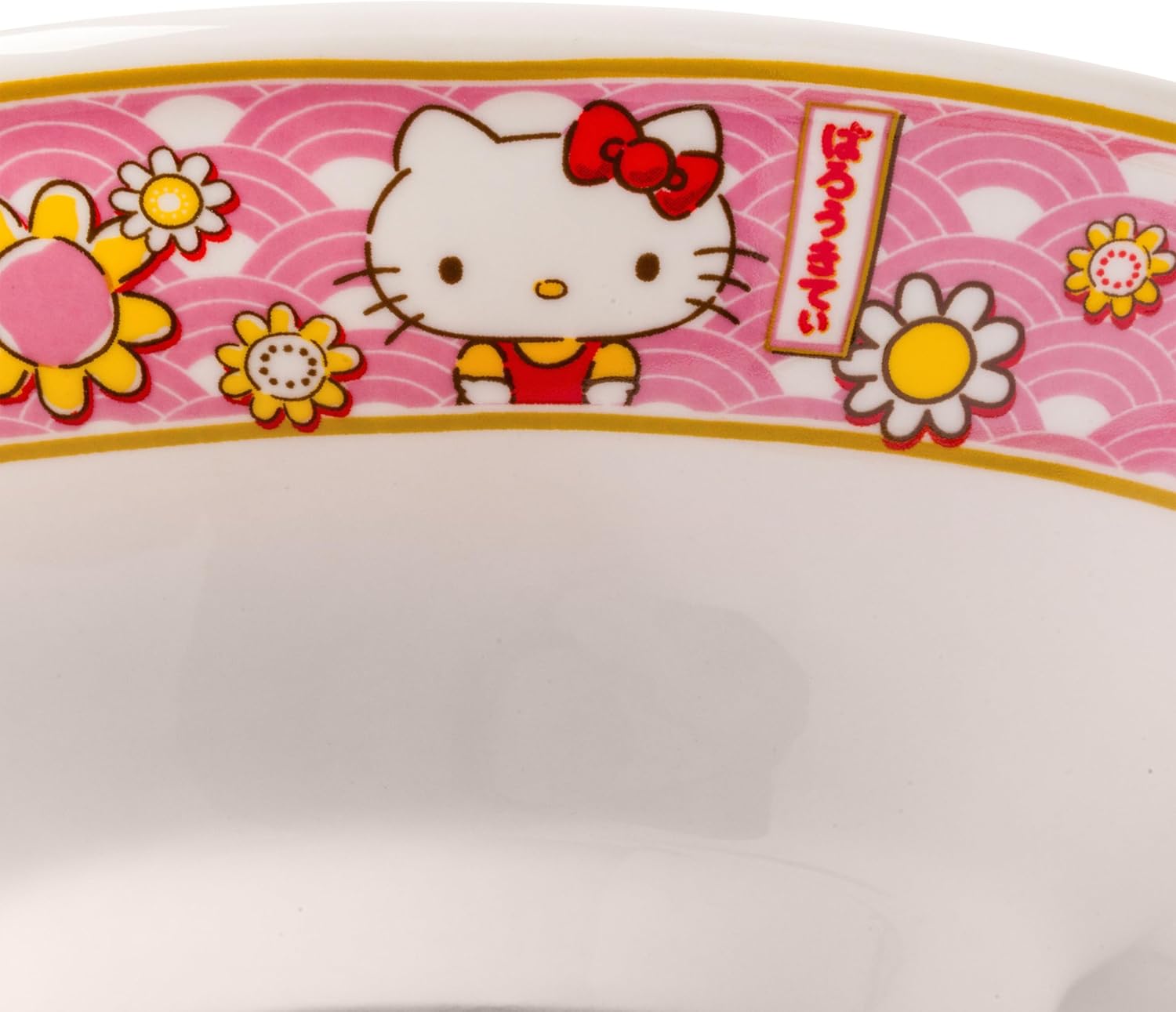 Silver Buffalo Sanrio Hello Kitty Pink and Gold Japanese Pattern with Flowers Ceramic Ramen Noodle Rice Bowl with Chopsticks, Microwave Safe, 30 Ounces