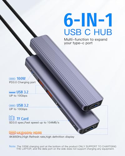 Type C USB Hub, 10Gbps USB C Hub, USB C Splitter with 1 USB C 3.2 and 2 USB A 3.2 Data Ports, 4K@60HZ HDMI, 100W PD, Micro SD 3.0 Card Reader, for MacBook, Mac Mini, XPS, Laptop and USB C Devices