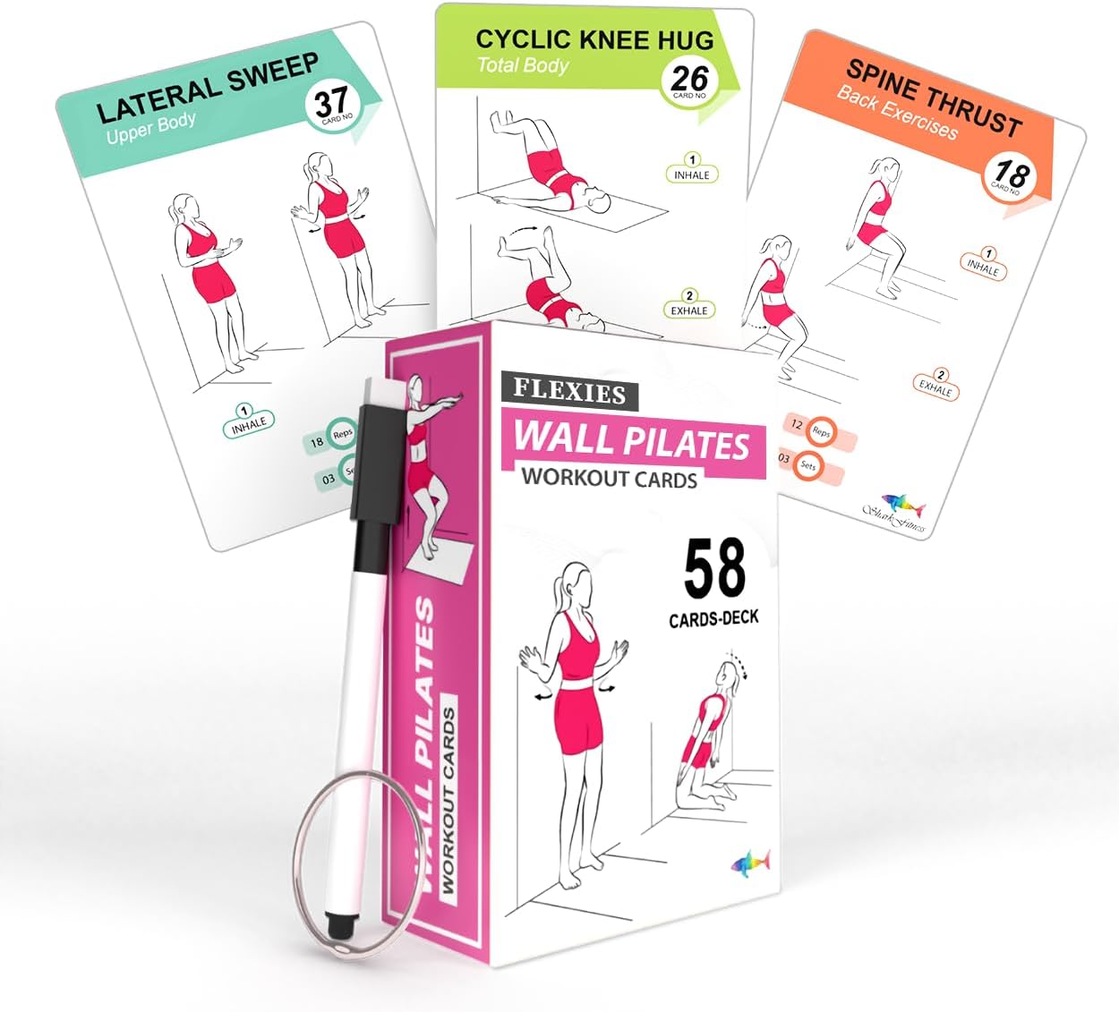 Wall Pilates Workouts For Women - 58 Exercise Cards with Wall Pilates Workout Postures, Instructions & Breathing Tips | Free Ring & Dry-Erase Marker to Create a Customize Wall Pilates Exercise Chart