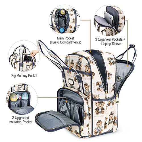 pipi bear Diaper Bag Backpack, Jacquard Diaper Backpack with Changing Pad and USB Charging Port, Stylish Baby Bag for Mom Dad, Black