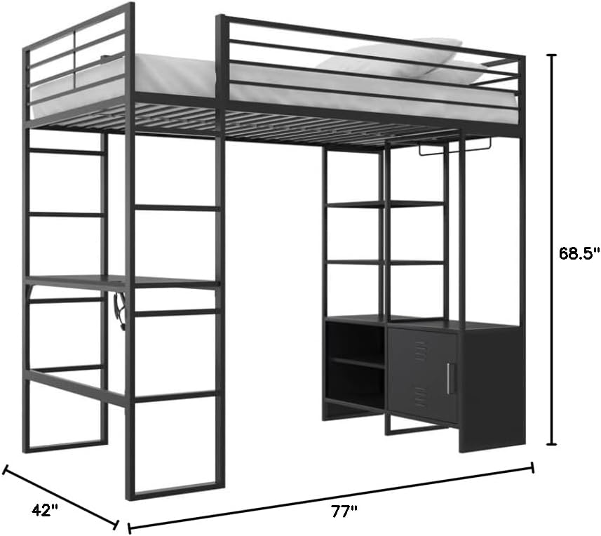 Pemberly Row Modern Metal Storage Twin Loft Bed with Desk in Black
