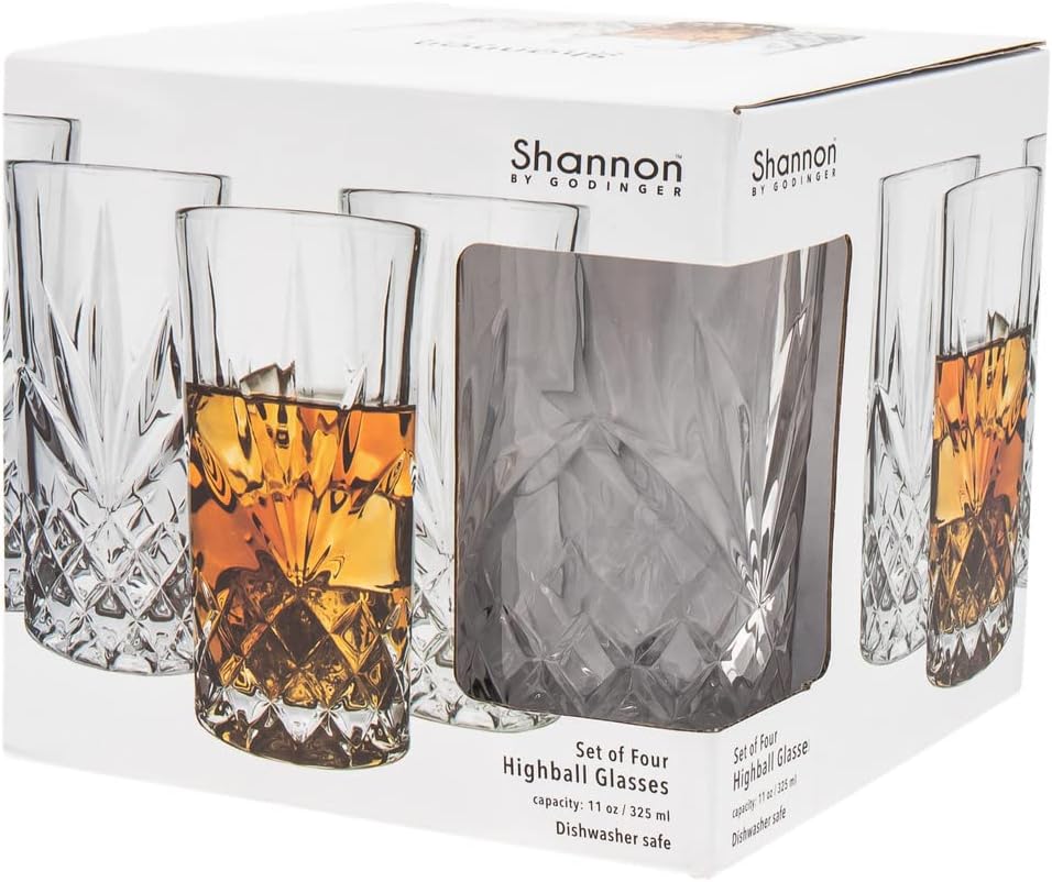 Godinger Glass Beverage Set Highball Tumbler Water, Juice Cup Shannon Set of Four