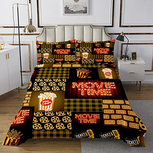 Popcorn Bedspread Old Fashion Home Decor Coverlet Set for Kids Teens Vintage Cinema Movie Theater Snacks Quilted Coverlet Camera Quilted Bedroom Decor King Size 3Pcs