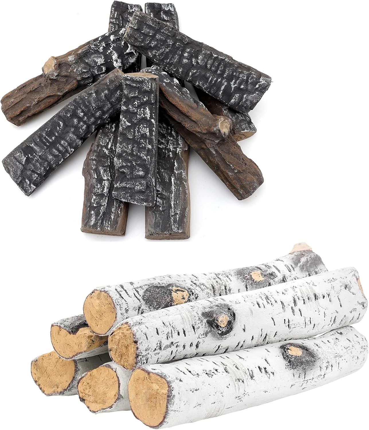 Skyflame 8 Small Piece Set of Ceramic Wood Logs and 6 Piece Set of Large White Birch Ceramic Logs for All Types of Indoor/Outdoor Gas Inserts, Ventless, Fireplaces and Fire Pits