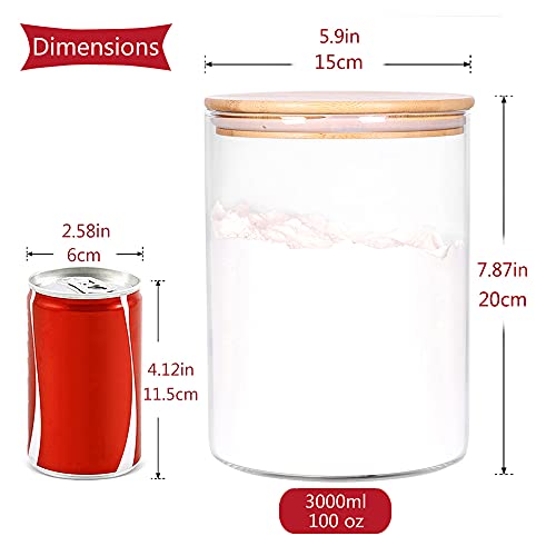 Glass Flour Container with Airtight Bamboo Lid, Large Glass Food Jar with Wooden Lid for Storage Flour, Sugar, Cookies, Rice, Coffee Beans and etc (3L)
