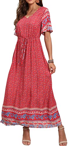 GRECERELLE Women Boho Summer Floral Print Loose Casual Dress V Neck Short Sleeve Drawstring Waist Flowy Long Maxi Dresses