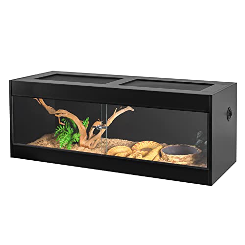 OIIBO Reptile Original Wood Enclosure, Large & Wide Reptile Terrarium with Double Hinge Sliding Doors and Top Screen Ventilation Black Reptiles Habitat Lounge (48