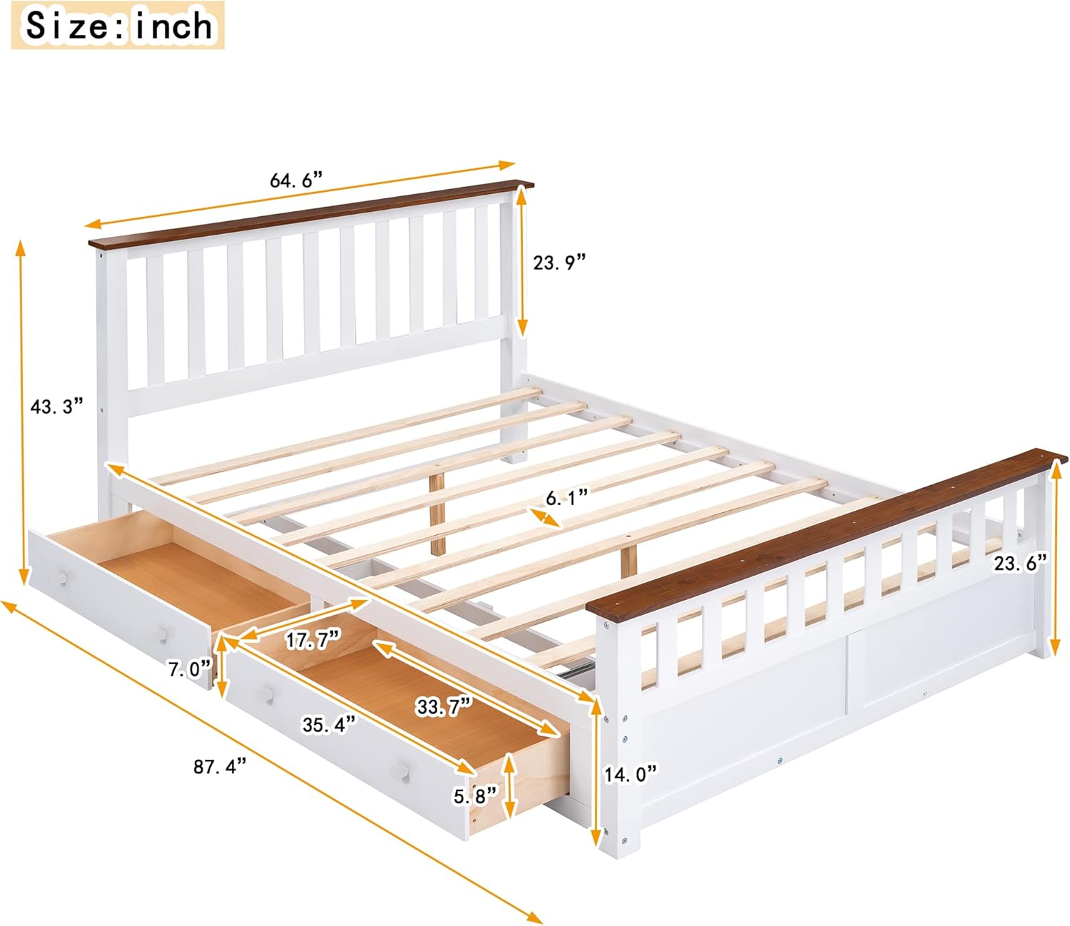 Bellemave Queen Bed Frame with 2 Storage Drawers Wood Platform Bed with Headboard & Footboard Panel Beds with Slats for Boys, Girls, Kids, Teens, White + Walnut