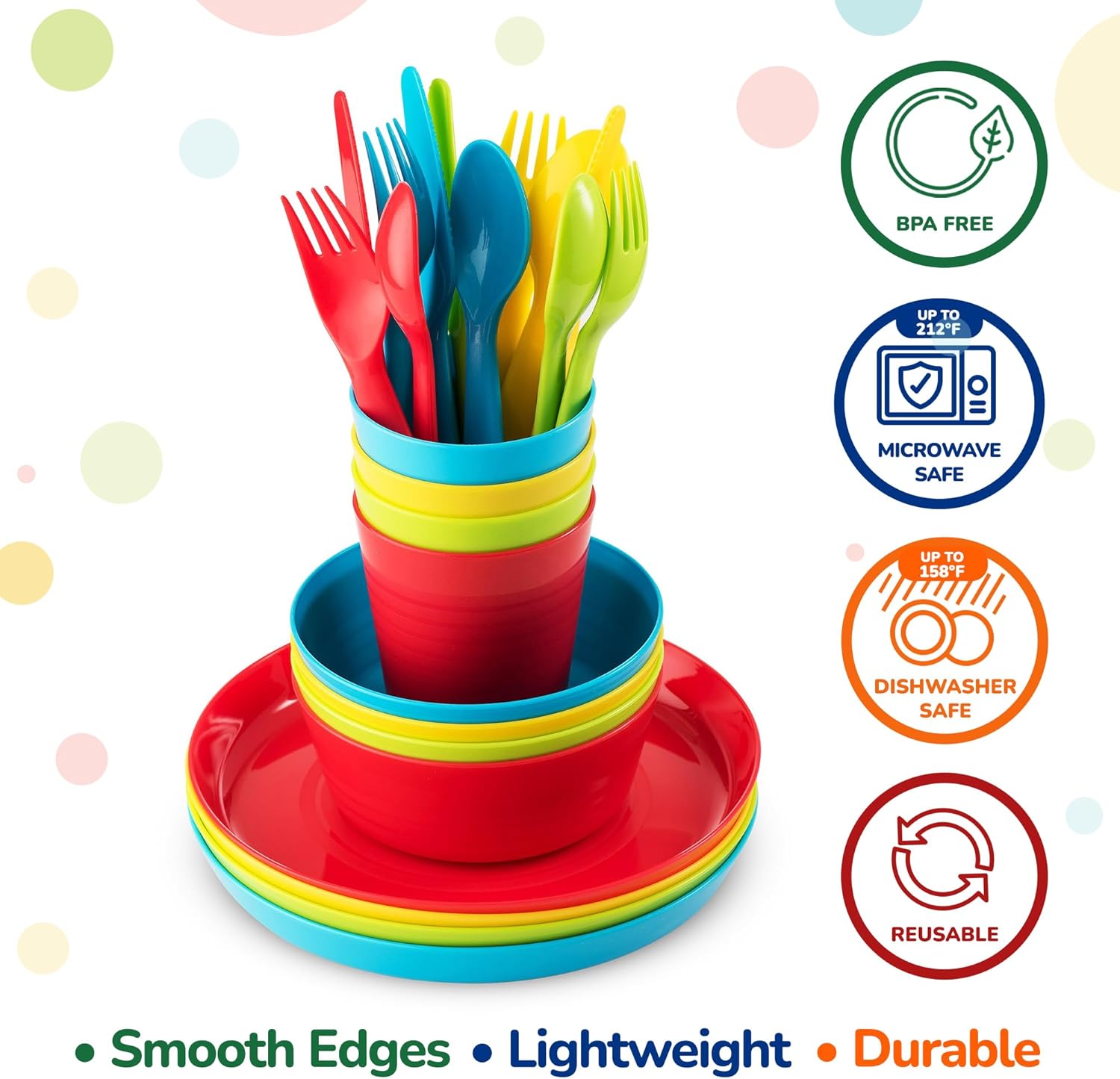 Kids Plastic Dinnerware Set - 36 Pc Reusable Children's Dinner Set Microwave/Dishwasher Safe BPA Free Toddler Dishes Dinnerware Set Includes Kids Plates and Bowls Kids Cups & Flatware.