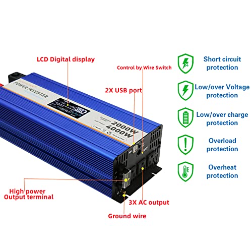 3000W Pure Sine Wave Solar Power Inverter peak-6000 Watt,DC 12V to 110V,with 4X AC,2xUSB Port,LCD Digital Display, Press Button or Control by Wire Switch,High Power Output Terminal
