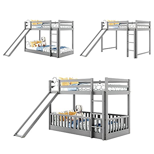 Twin Over Twin Bunk Bed with Slide and Ladder, Functional Playhouse Design Wood Bed Frame with Full-Length Guardrails, No Box Spring Required, 77.3