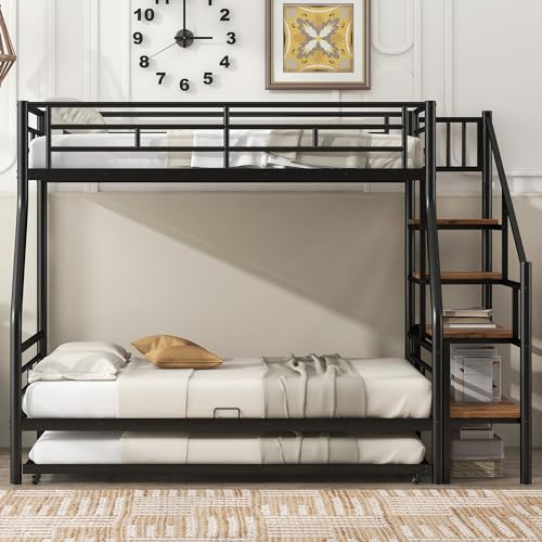 SOFTSEA Twin Over Twin Metal Bunk Bed with Drawers, Convertible Twin Bunk Beds, No Box Spring Needed(Black)