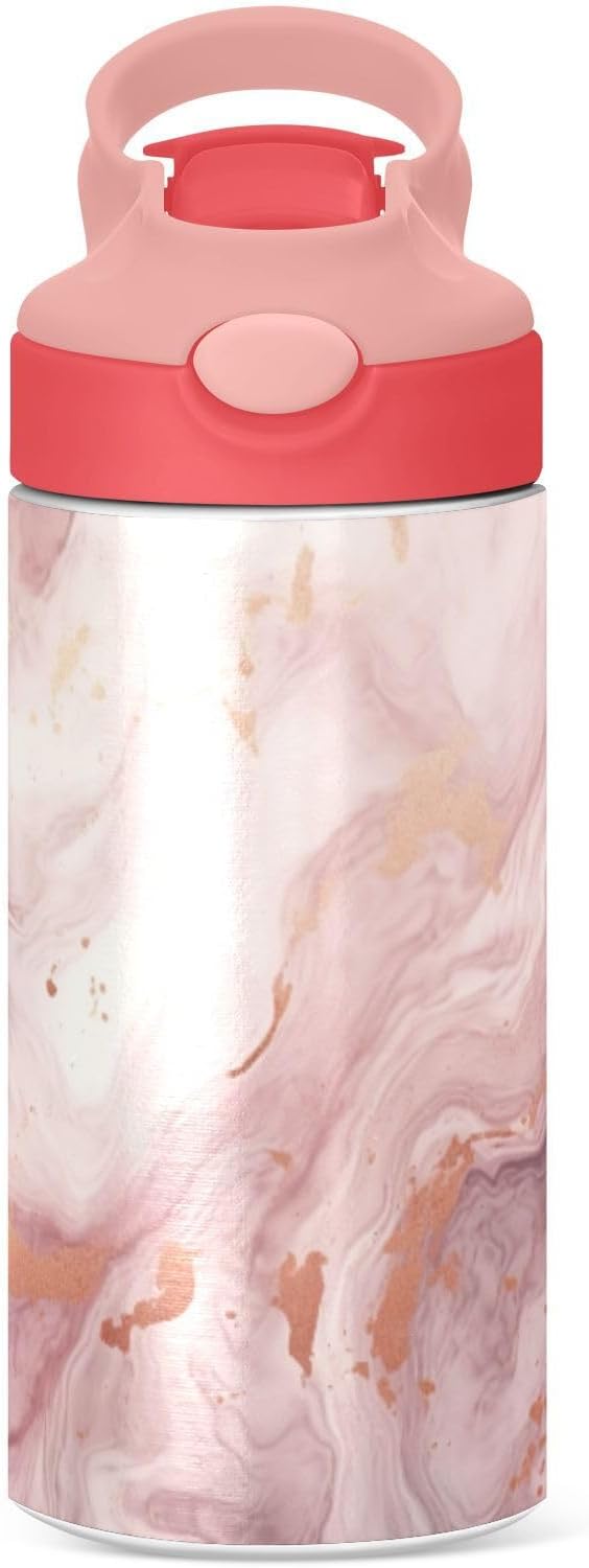 Small Water Bottle for Kid 12oz Pink Gold Marble Insulated Bottles with Straw Lid Stainless Steel Tumbler Vacuum Cup Thermal Bottles