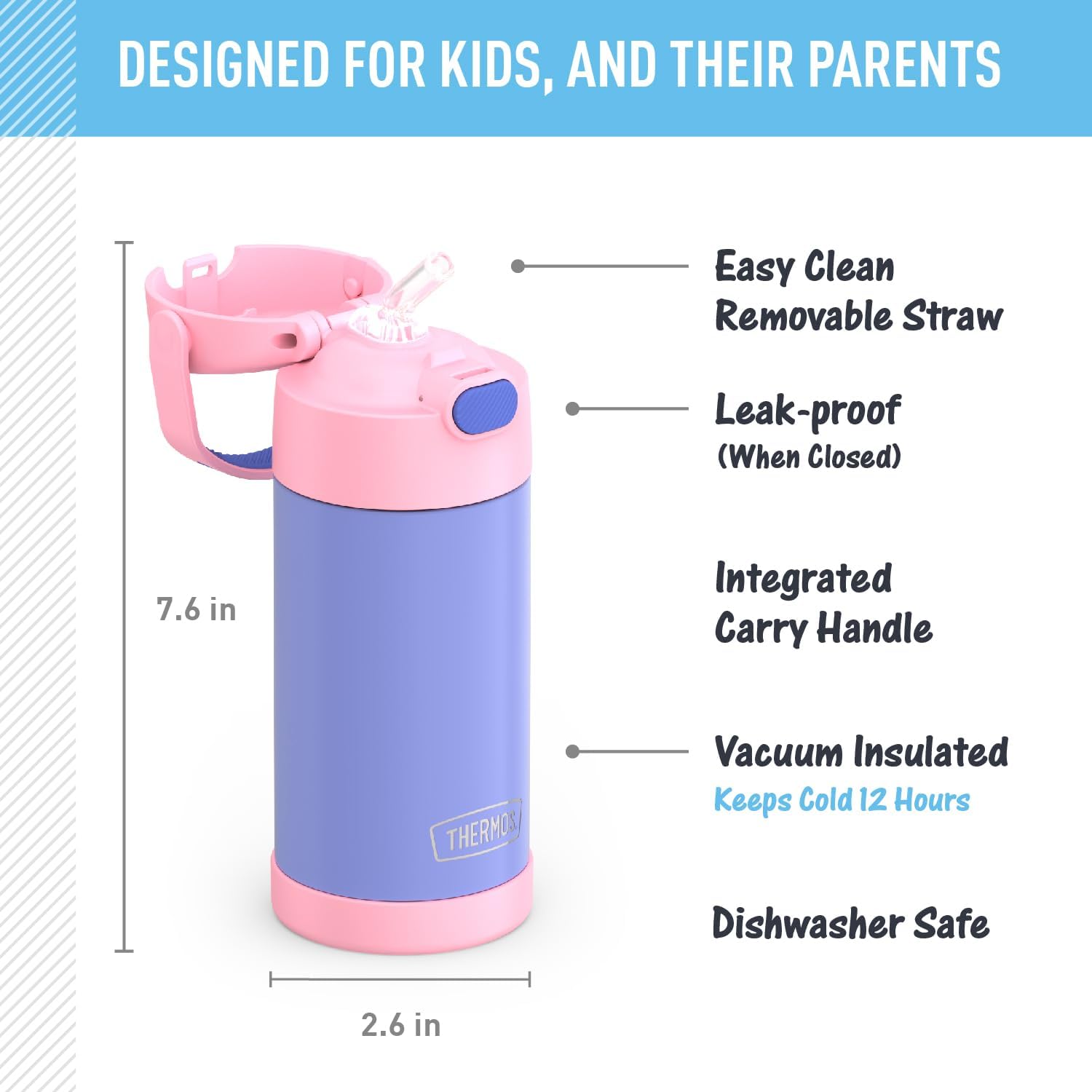 THERMOS FUNTAINER 12 Ounce Kids Insulated Water Bottles with Straw, Blue/Green and Purple/Pink