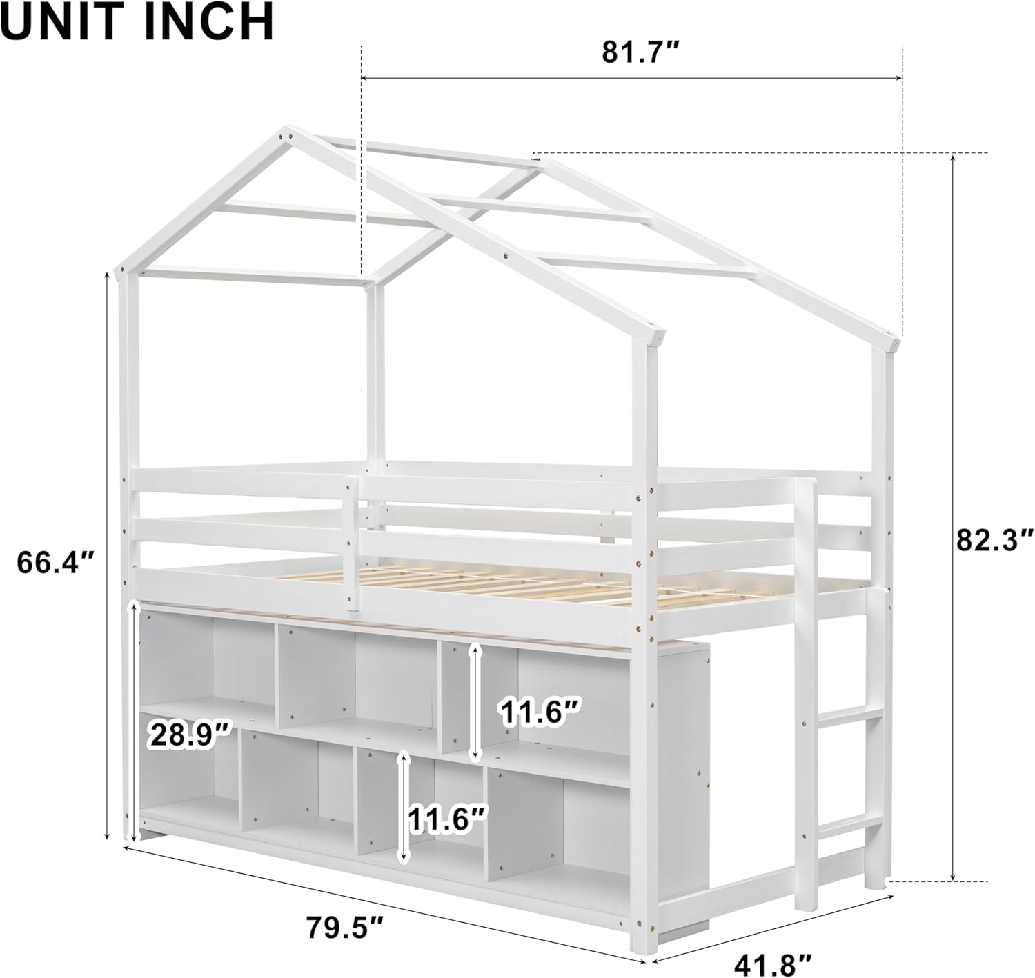 Twin Size House Loft Bed for Kids,Wooden Low Loftbed with Storage Shelves and Roof for Bedroom,White
