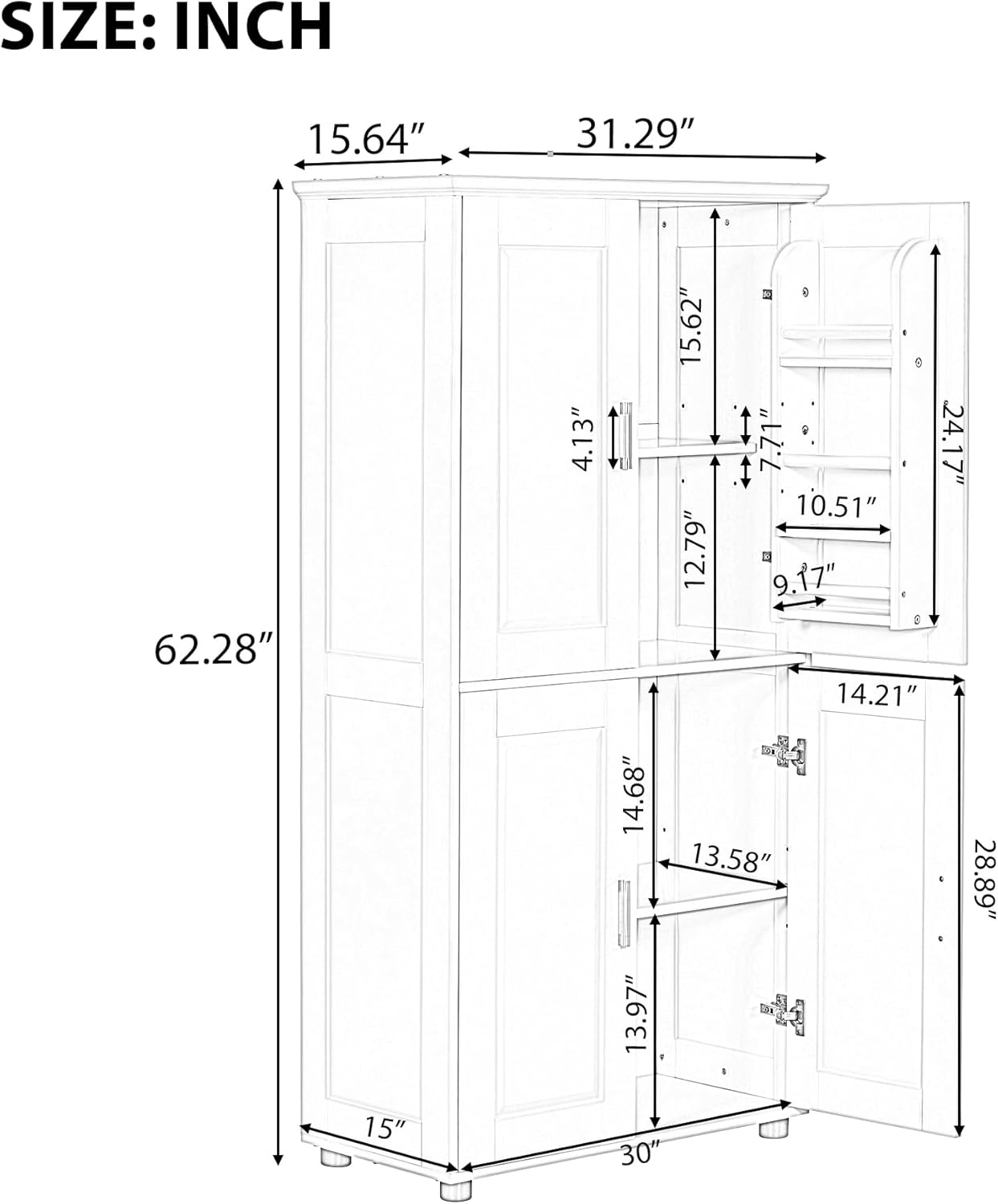 Bathroom Cabinet with Adjustable Shelf, Tall Bathroom Storage Unit with 4 Doors, Wide Freestanding Cabinet Floor Storage Cabinet for Home, Kitchen, Living Room, White