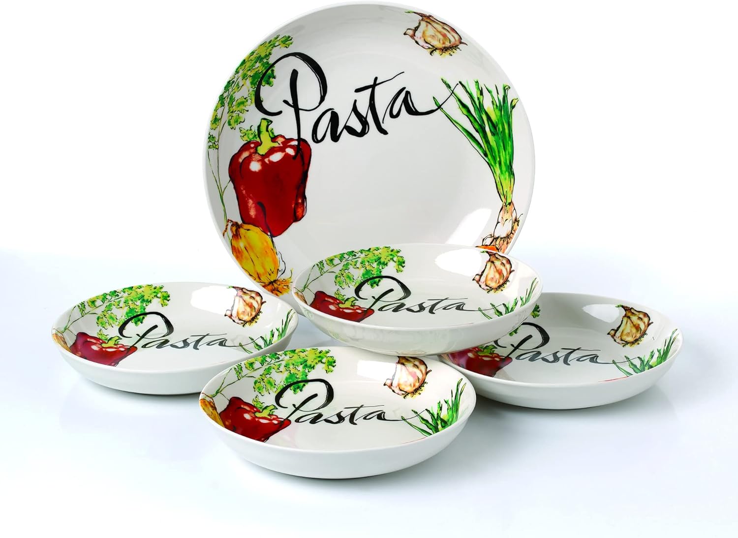 Elegant Multicolor Design Microwave Dishwasher Safe Serving Pasta Bowls for Kitchen - Vegetable Porcelain Pasta Set, Set of 5
