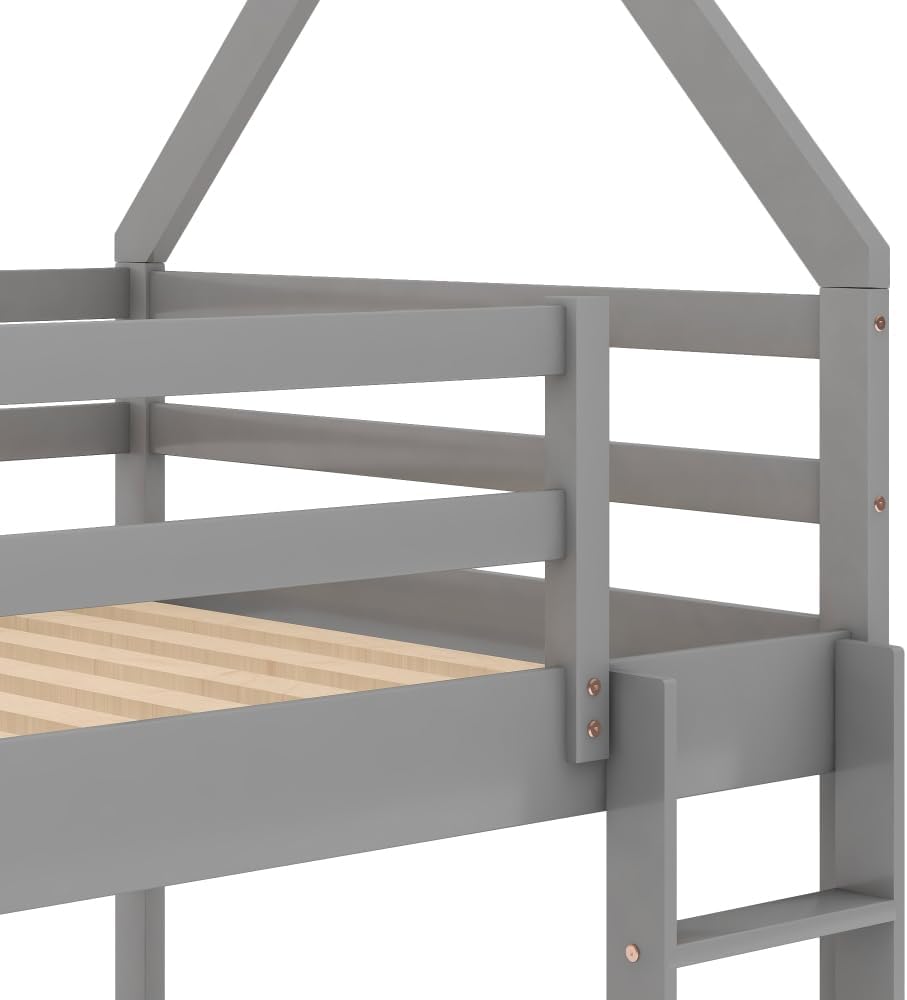 Twin Over Twin Low Bunk Bed, House Bed with Ladder, Gray 1-Numbers of Package Pine Wood+MDF 14pcs 77.3