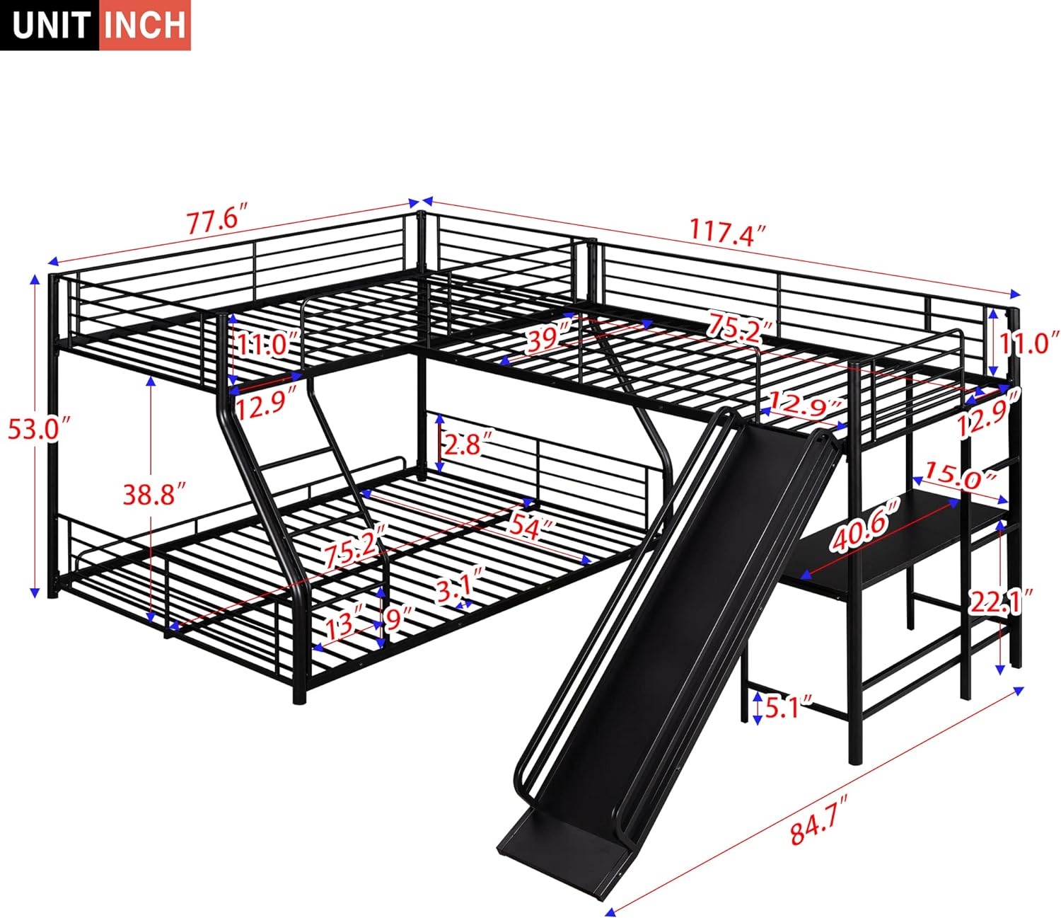 Merax Metal L-Shaped Twin Over Full Bunk Bed with Twin Size Loft Bed, Built-in Desk and Slide, Black