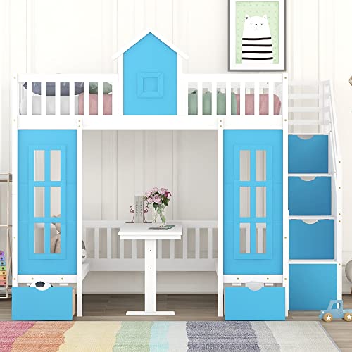 Twin-Over-Twin Stairway Bunk Bed for Kids Toddlers, Wood House Bunk Bed with Storage, Guard Rail, Window and Shelf, Easy to Assemble (White+Color*)