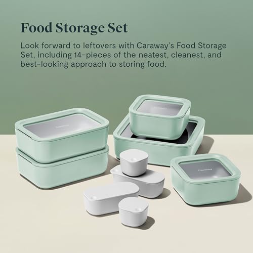 Caraway Glass Food Storage Set, 14 Pieces - Ceramic Coated Food Containers - Easy to Store, Non Toxic Lunch Box Containers with Glass Lids - Includes Storage Organizer & Dot & Dash Inserts - Mist