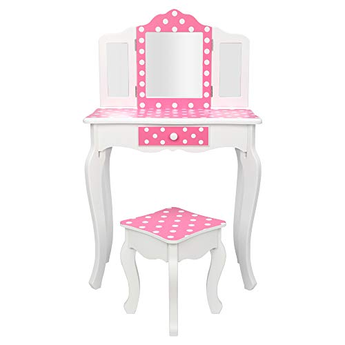 HomVent Kids Vanity, Girls/Toddler/Vanity, Kids Makeup Table Chair Desk Wooden Vanity Set, Dresser with Mirror Drawer and Stool for Little Girls Bedroom,Three Foldable Mirror Princess (C)