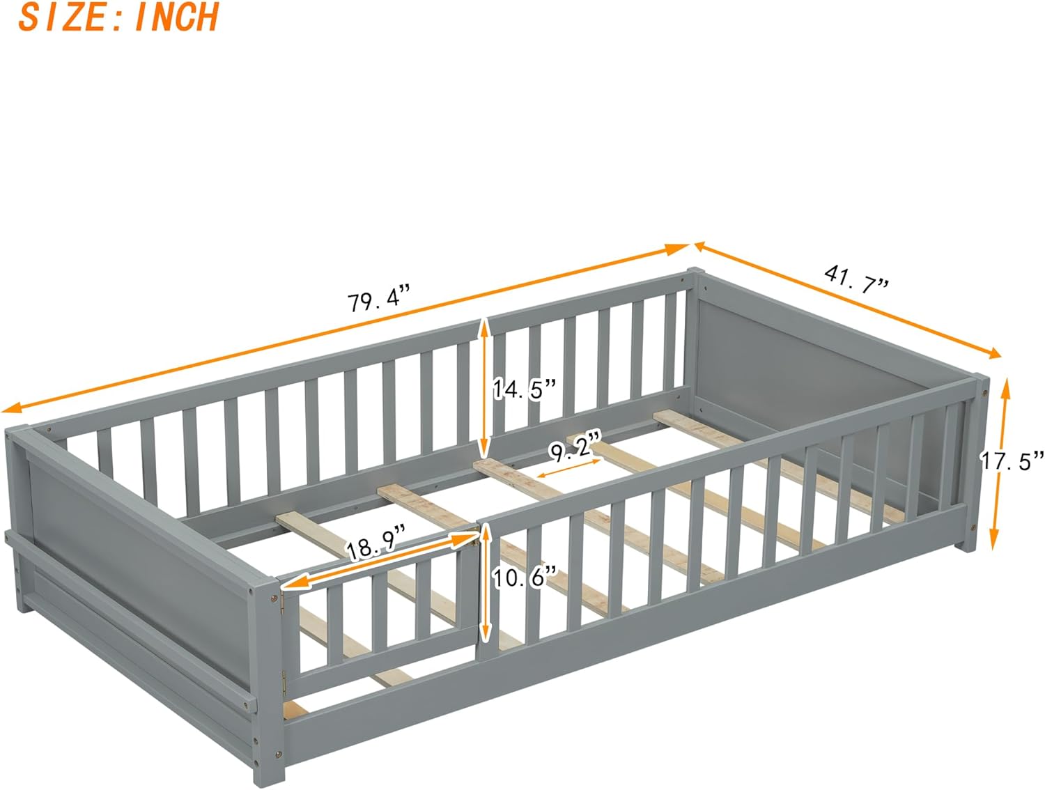 Bellemave Twin Size Floor Bed for Kids, Montessori Bed Frame with Safety Guardrails and Built-in Book Storage Rack, Solid Wood Twin Floor Platform Bed with Removable Door for Girls, Boys, Gray.