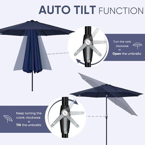 Tempera Patio Market Outdoor Table Umbrella with Auto Tilt and Crank,Large Sun Umbrella with Sturdy Pole&Fade resistant canopy,Easy to set