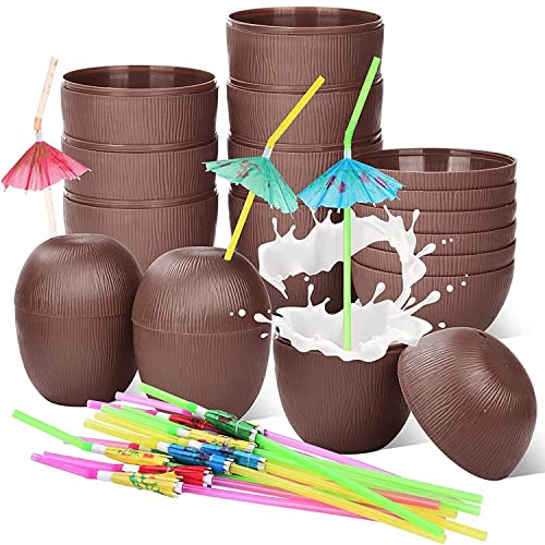 Haundry 18 Coconut Cups with 18 Straws, 18 Cocktail Drink Picks, Hawaiian Luau Tiki and Beach Theme Party Decorations for Kids and Adults