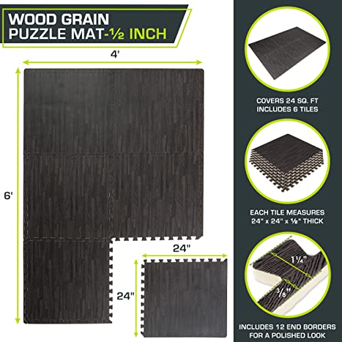 ProsourceFit Wood Grain Puzzle Mat 1/2-in, 6 EVA Foam Interlocking Floor Tiles (24SQ FT) for Secure Indoor Room Workout Flooring and Playmat, Dark Oak