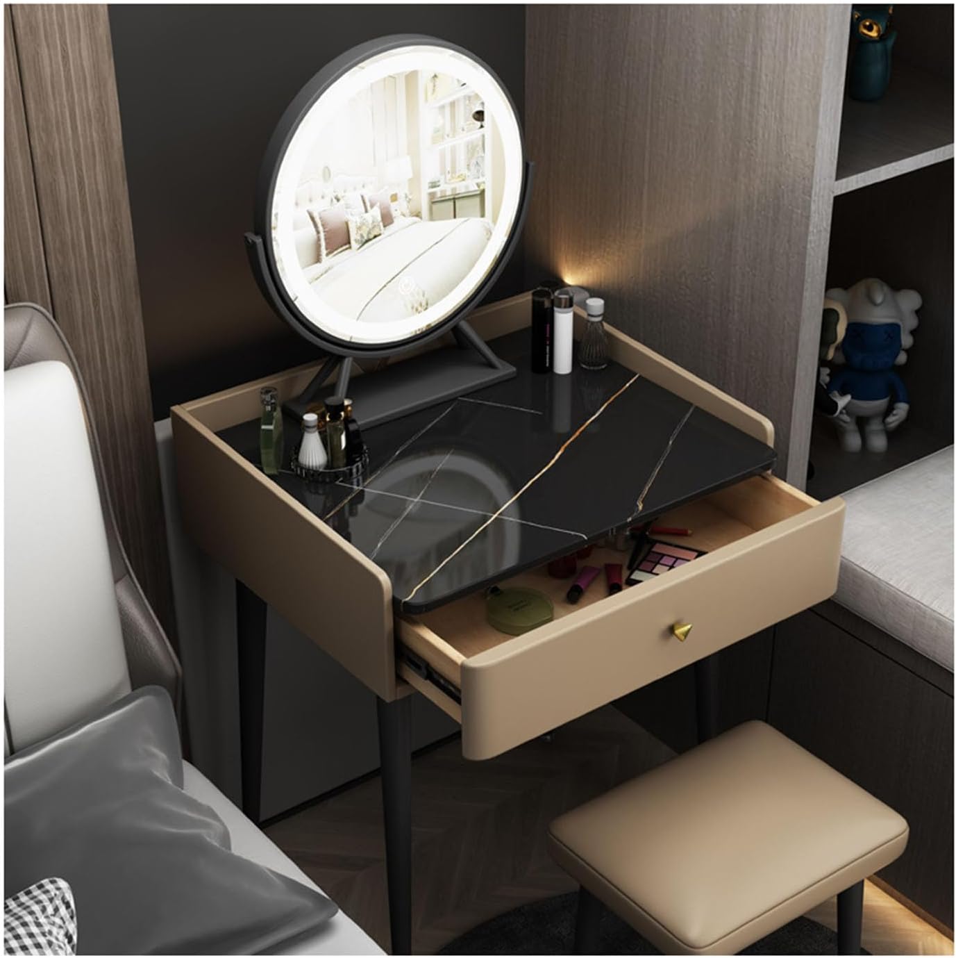 Mini Dressing Table with LED Mirror Light 1 Drawer Chair Upholstered Makeup Vanity Table Bedroom Accents Dresser Suitable for Any Girl