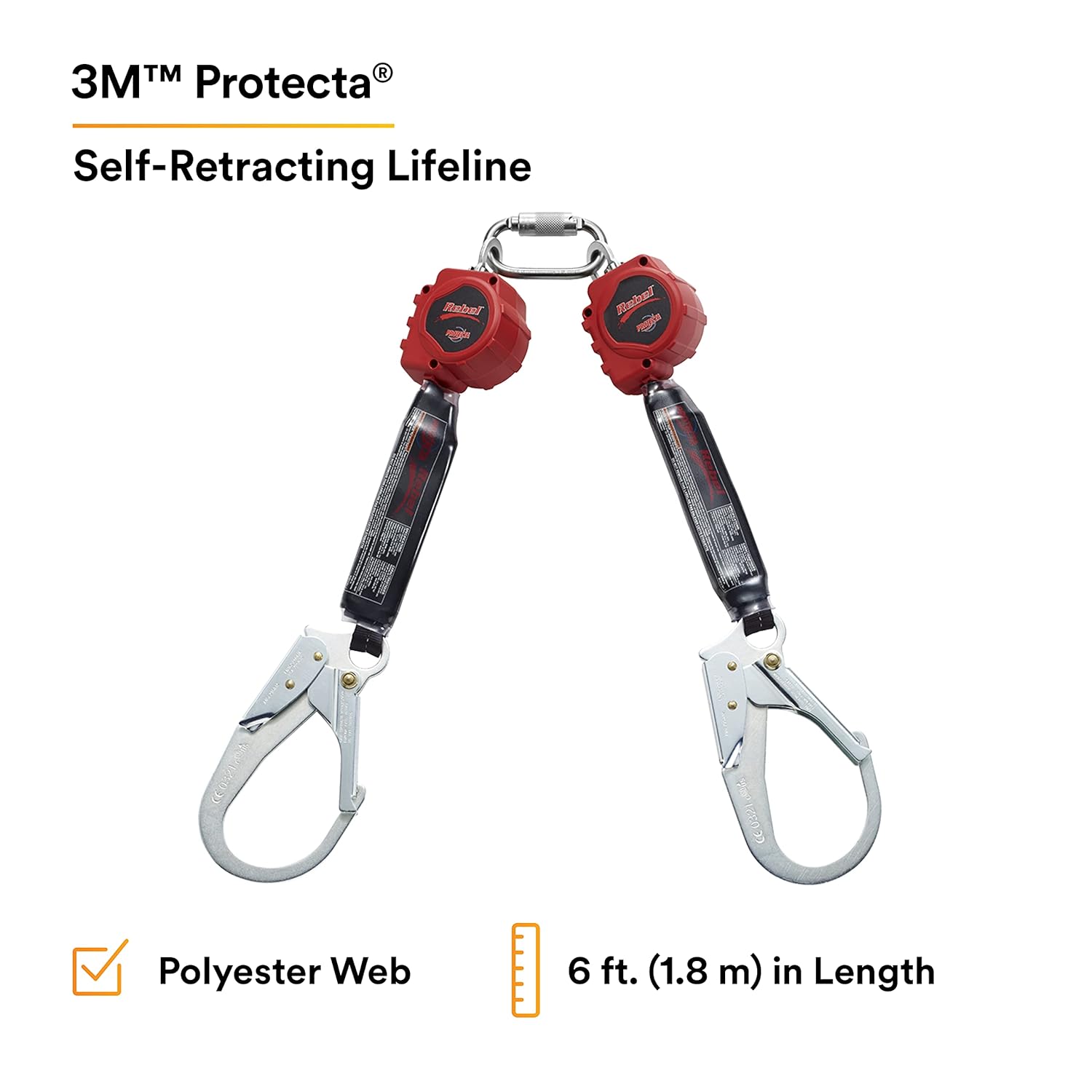 3M Protecta 3100414 Self Retracting Lifeline Rebel 6' (18M) Web Twin, Steel Rebar and Carabiner, Black/Red
