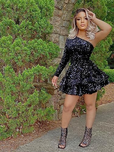 OFEECHUN Women's One Shoulder Sequin Homecoming Dress Short Sparkly Layered Long Sleeve Cocktail Gowns