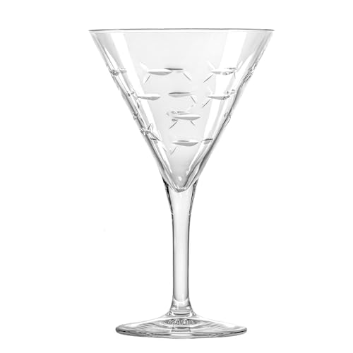 Rolf Glass School of Fish Martini Glass | Stemmed 7.5 oz. Martini Glasses | Lead-Free Glass | Diamond-Wheel Engraved Cocktail Glasses | Made in the USA (Set of 2)