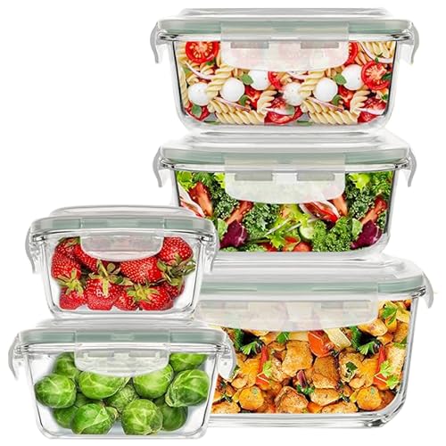 Razab 10 PC Square Glass Food Storage Containers with Lids - 74, 40, 27 & 18 Oz Airtight & Leakproof Glass Meal Prep Containers Reusable for Lunch & Leftover - BPA Free, Freezer Oven & Microwave Safe