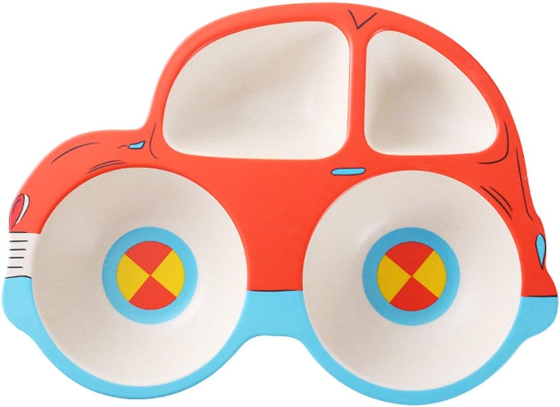 5 Piece Bamboo Dinnerware for Kids, Toddler, Car Plate and Bowl Set, Eco Friendly and Dishwasher Safe, Great Gift for Birthday, Baby Shower