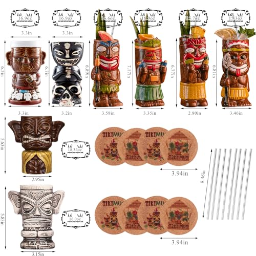 Cocktail Tiki Mugs Set Of 8 - Cute Ceramic Hawaiian Style Cocktail Glasses For Party And Tropical Tiki Bar，Mai Tai Cocktail Drinkware (Glossy)