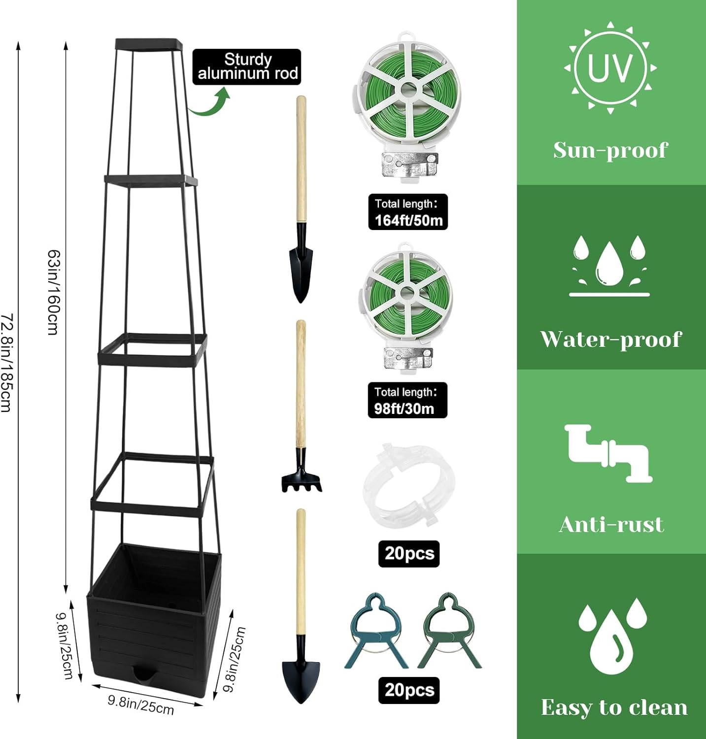 Raised Tomato Planter Box, Raised Garden Bed Planter Boxes with Trellis and 88 Yards Twist Ties 40 Clip 3 Spade 72” Self Watering Tomato Cage for Outdoor Climbing Plants Vegetable Vine Flowers