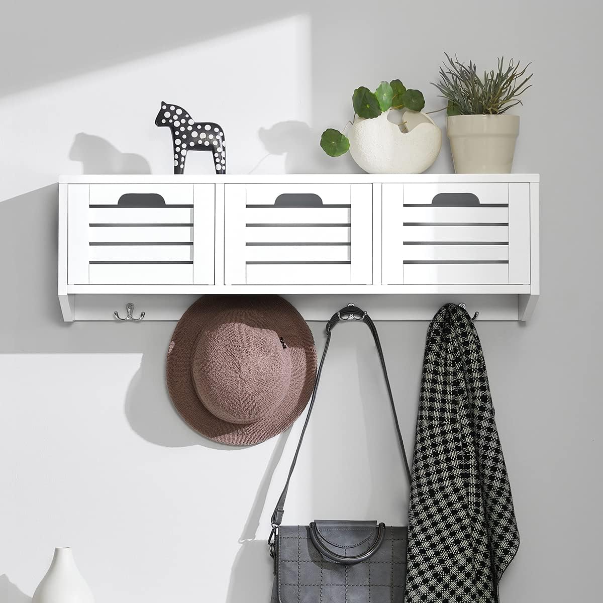 Haotian FHK19-W, White Wall Display Storage Unit with 3 Drawers and 4 Hooks, Wall Coat Rack Bathroom Kitchen Cupboard