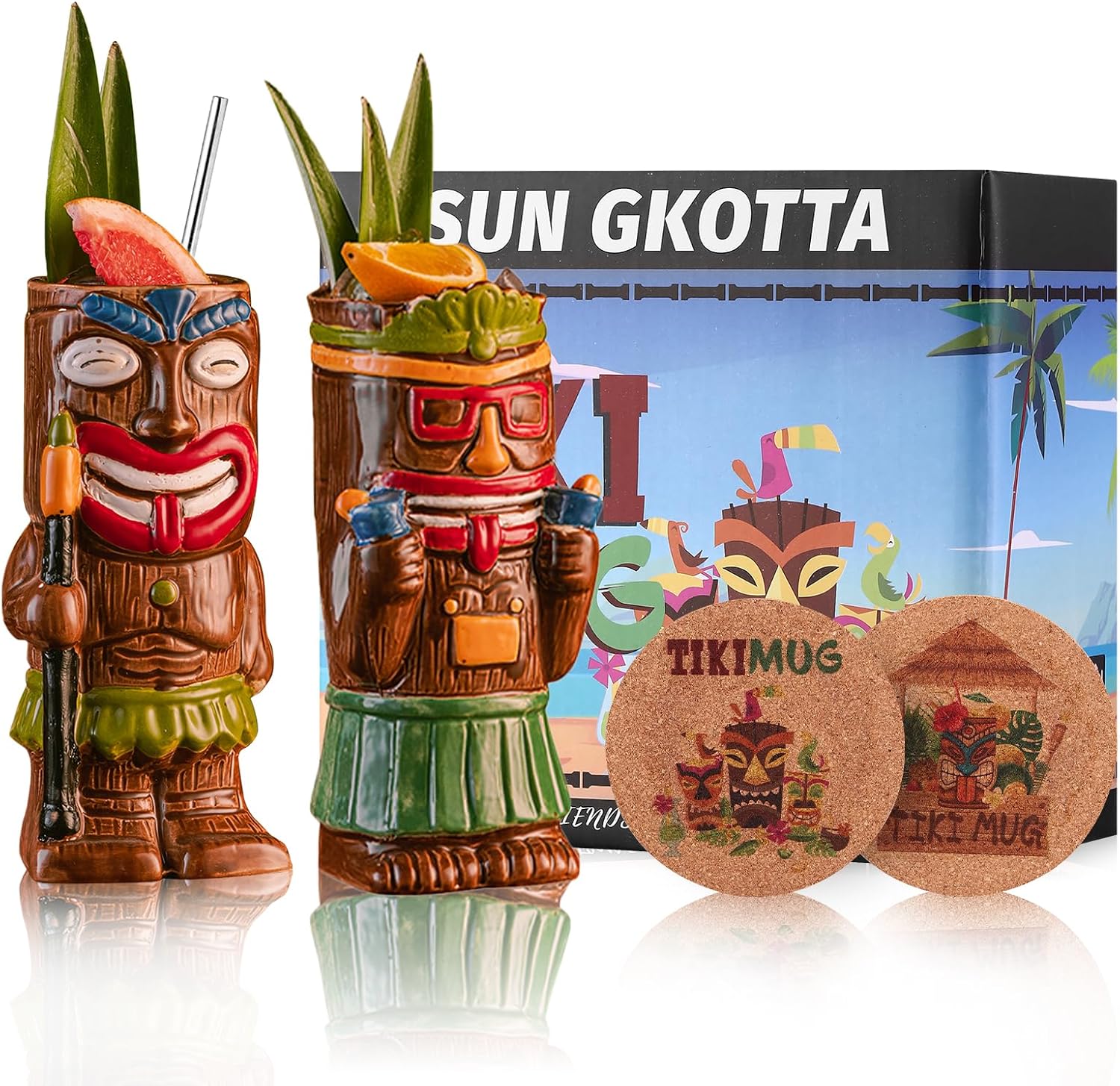 Cocktail Tiki Mugs Set Of 2 - Exotic Mug With 2 Coasters And 2 Straws，Cute Ceramic Hawaiian Style Cocktail Glasses For Party And Tropical Tiki Bar，Mai Tai Cocktail Drinkware