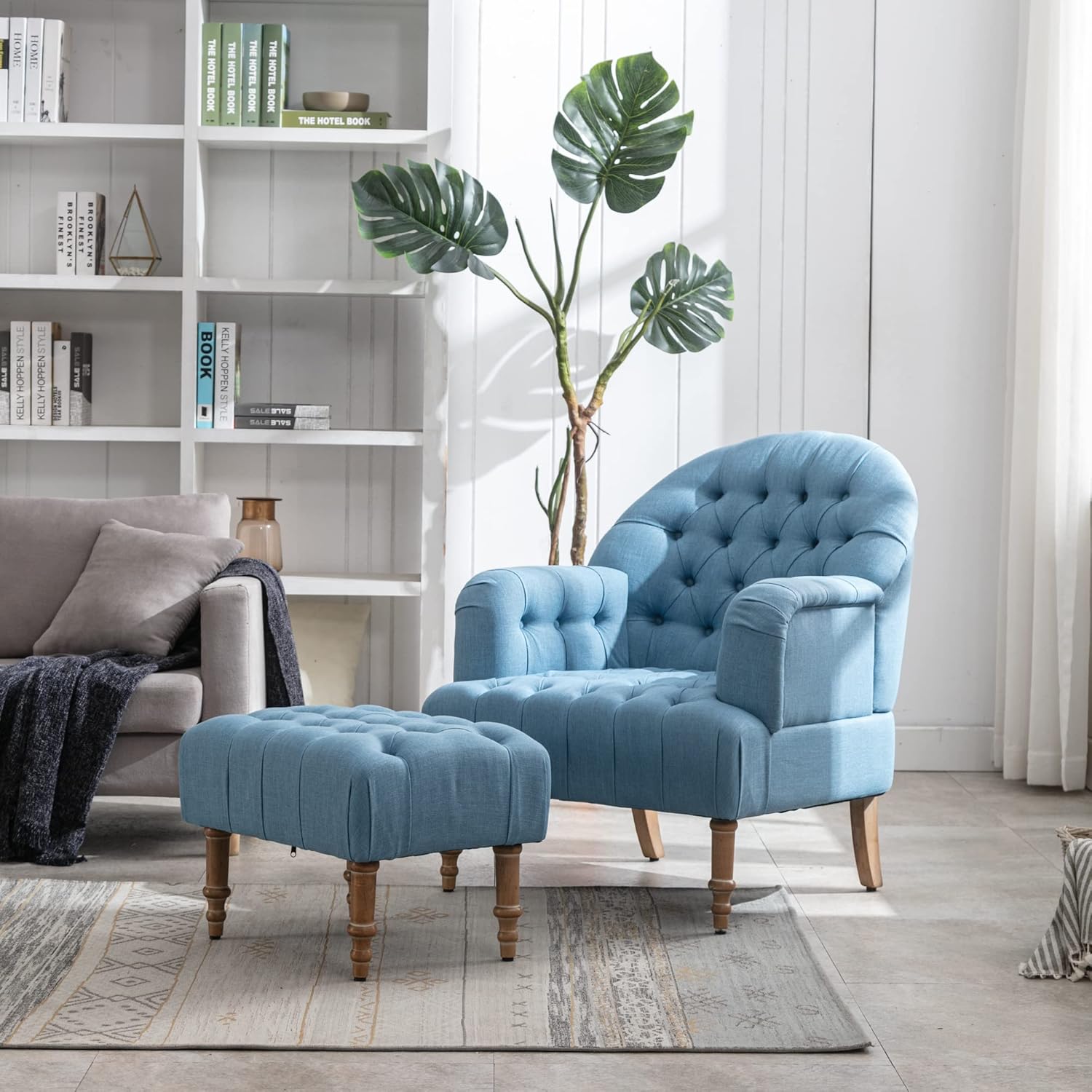 Accent Chair,Button-Tufted Upholstered Chair Set,Mid Century Modern Chair with Linen Fabric and Ottoman for Living Room Bedroom Office Lounge,Blue