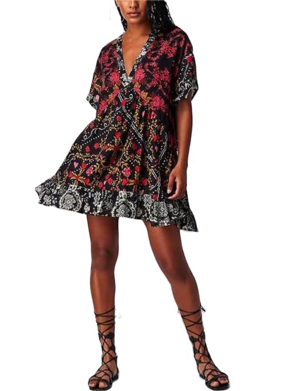 Generic Women’s Boho Mini Dress Y2k Floral Deep V-Neck Puff Sleeve Short Dresses 2024 Summer Causal Beach Flowy Mini Sundress