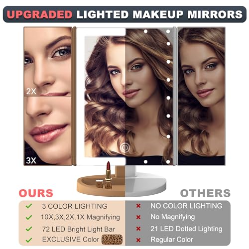 RoLeDo Makeup Mirror with Lights, 72 LED Trifold Vanity Mirror Light for Desk, 5x/2X Magnification, Touch Screen, 3 Color Lighting, Cosmetic Lighted Make Up Mirror, Gift for Women, Snake Print